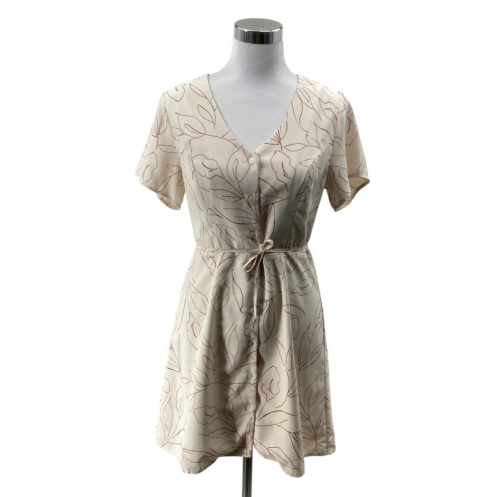 All:Row Medium Off White Leaf Print Button Front Mini Dress with Tie